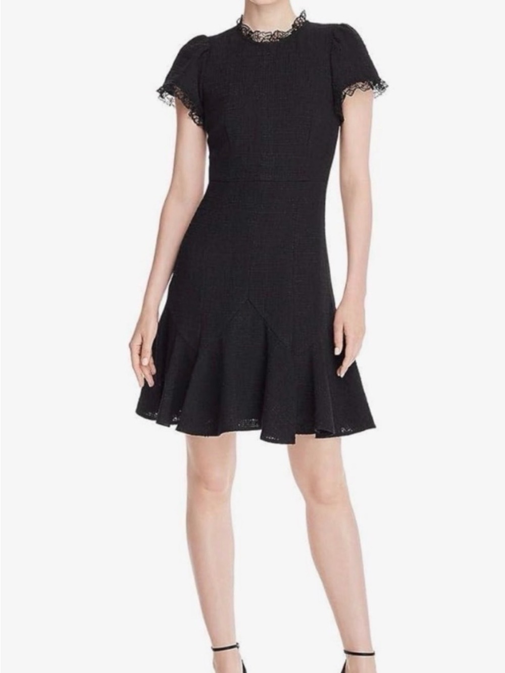 Rebecca Taylor Black Tweed Lace Drop Waist Dress 4 Ruffle Fall Wedding Guest EUC